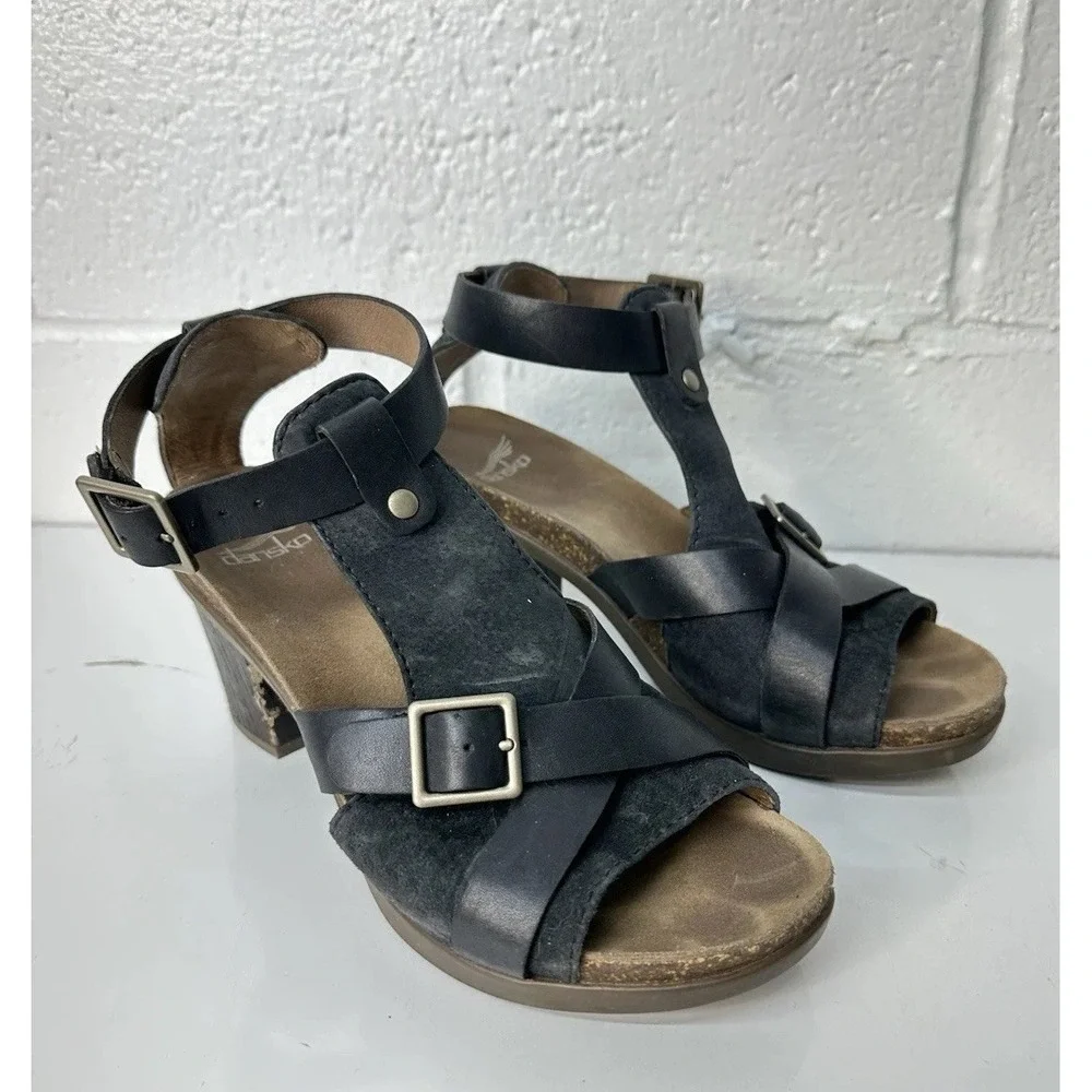 Dansko‎ Womens Dominique T Strap Size 37 US 6.5 Black Leather Block Heel Strappy